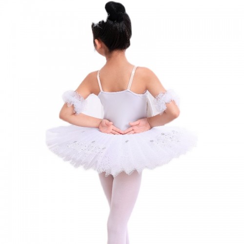  Ballet dance dress white tutu skirt for kids toddlers girls ballerina performance feather flat tutu swan lake dance suit children ballet sling tutu Skirts